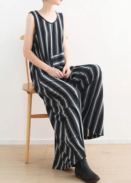 Women sleeveless big pockets cotton quilting pants Sleeveless black striped Plus Size jumpsuit pants summer